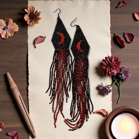 Hand Beaded Black/Red Extra Long Boho Crescent Moon Earrings - Picture 15 of 16